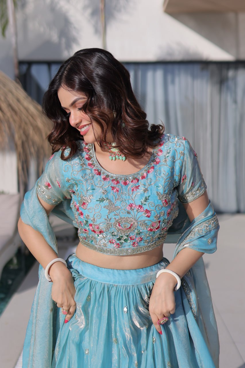 Elegant Lehenga Choli and Dupatta Ensemble in Fendi Silk with Multi-Thread Embroidery