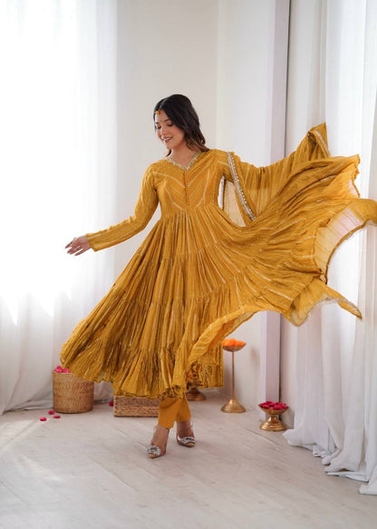 RangBhoomi Women’s Ethnic Ruffle Gown with Mirror Work and Matching Dupatta