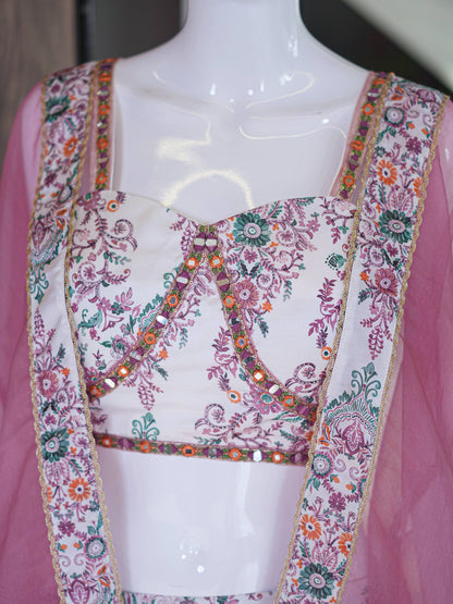 RangBhoomi Designer Indo-Western Luxury Edit — Floral Printed French Crepe Top with Palazzo & Organza Cape