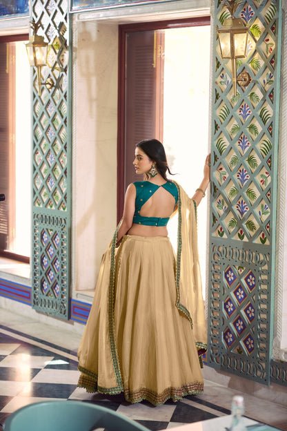Zariya Muse Elegant Fendi Fabric Lehenga with Lace Accents and Embroidered Bengali Blouse