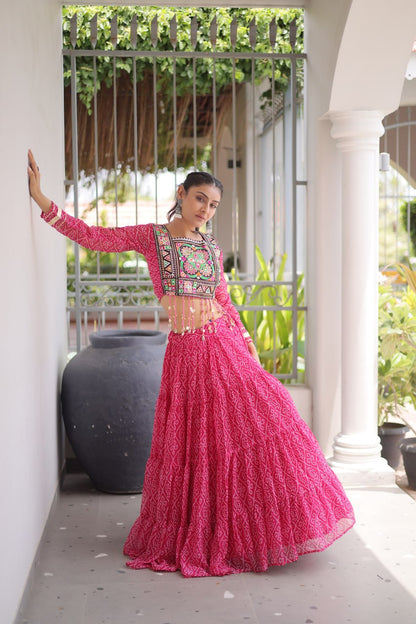 RangBhoomi Bandhni Faux Georgette Full-Stitched Lehenga Set with Designer Square Neck Blouse