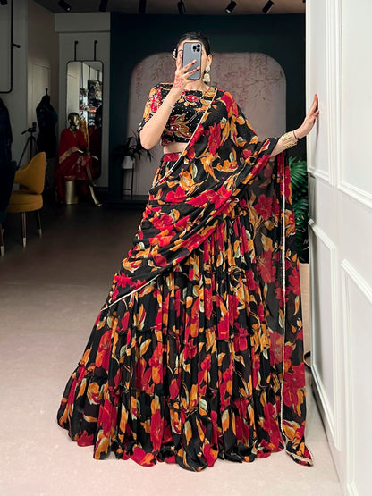 Elegant Floral Marble Print Lehenga Choli Set with Handwork and Lace Border Dupatta