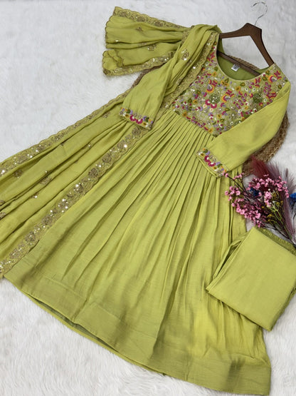 Elegant Premium Ready-to-Wear Gown Set with Pants and Dupatta - Beaded Mal Chanderi Embroidery