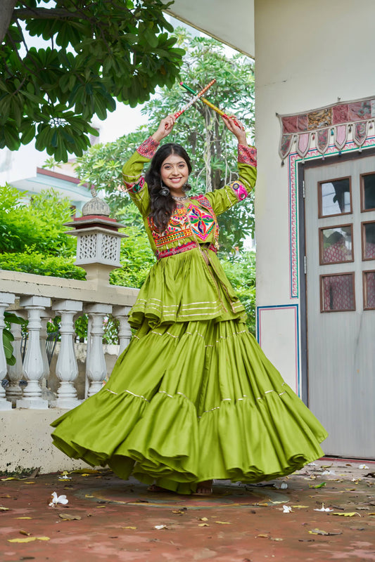 Navratri Special Gamthi Embroidery Lehenga Choli with Mirror and Ribbon Lace – Pure Cotton, Fully Stitched, 9 Meter Flair