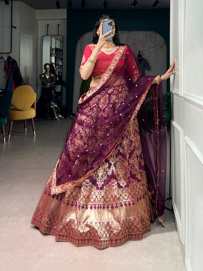 RangBhoomi Jacquard Silk Lehenga — Festive Embroidered Set with Net Dupatta