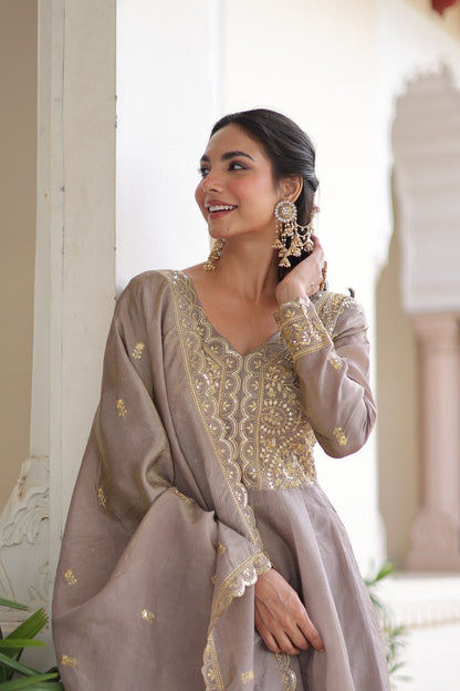 RangBhoomi Premium Ready-Made Gown and Dupatta Set with Elegant Gold Embroidery