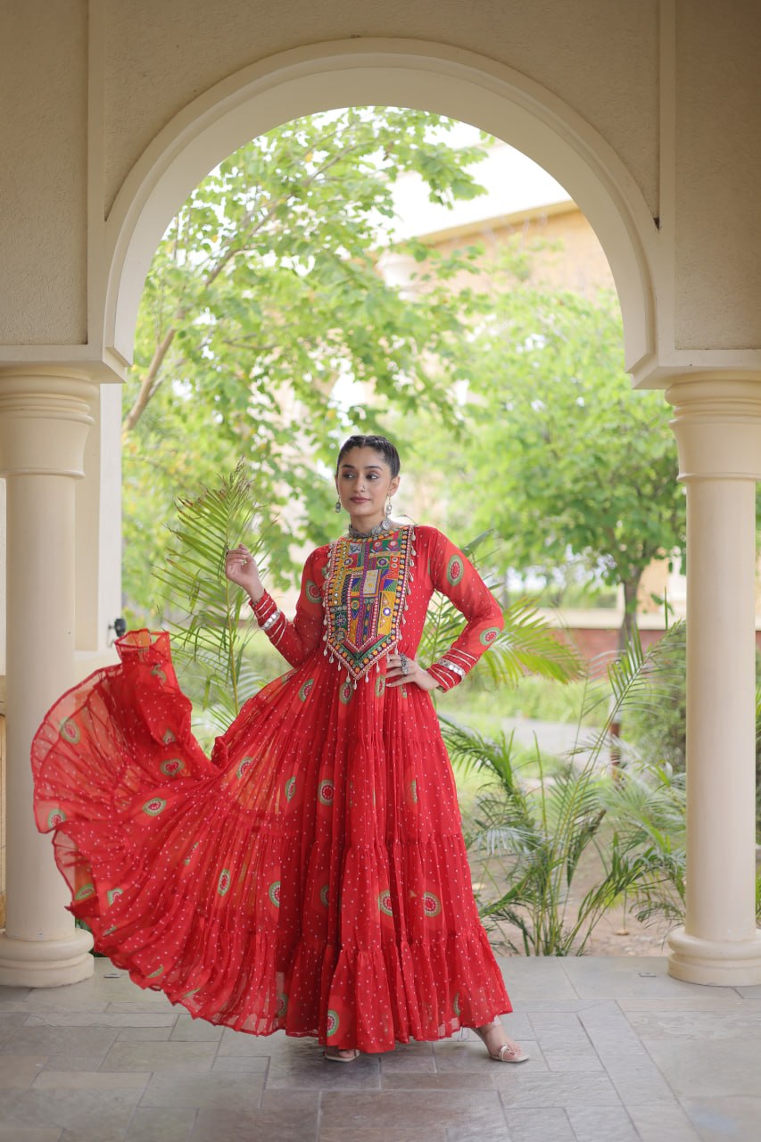 RangBhoomi Bandhani & Kutchi Patchwork Faux Georgette Gown — Navratri Collection 2026