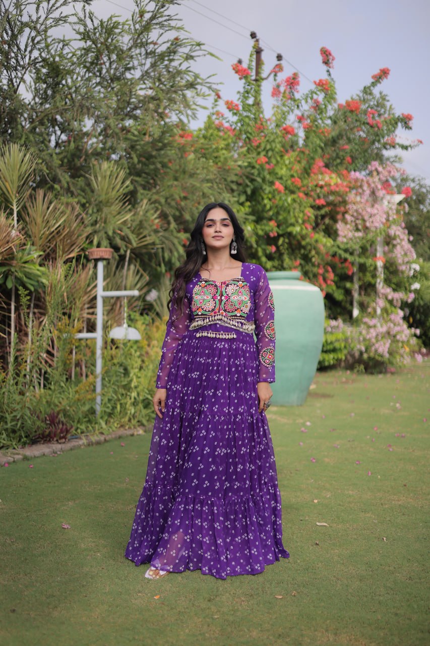 RangBhoomi Bandhani & Kutchi Patchwork Faux Georgette Gown — Full Sleeve, 12m Flair, Cotton Lining