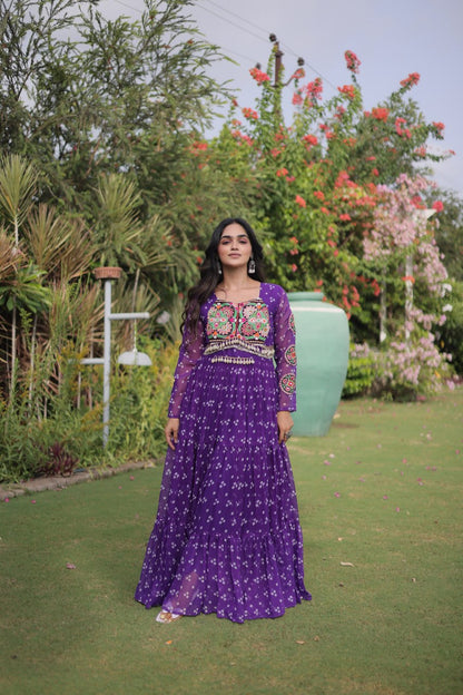 RangBhoomi Bandhani & Kutchi Patchwork Faux Georgette Gown — Full Sleeve, 12m Flair, Cotton Lining