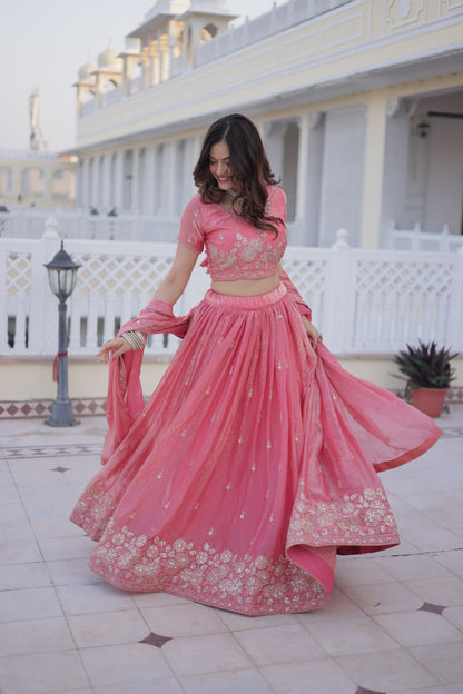 Elegant Lehenga Choli Set with Heavy Sequins and Zari Thread Embroidery in Fendi Silk