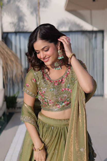 Elegant Lehenga Choli and Dupatta Ensemble in Fendi Silk with Multi-Thread Embroidery