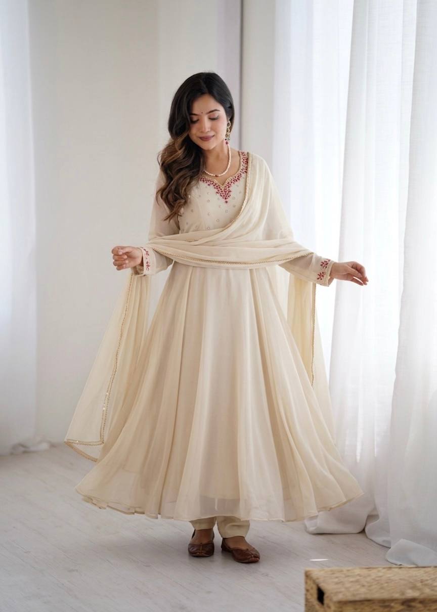 Elegant Fox Georgette Party Wear Gown with Dupatta and Crepe Pants by RangBhoomi