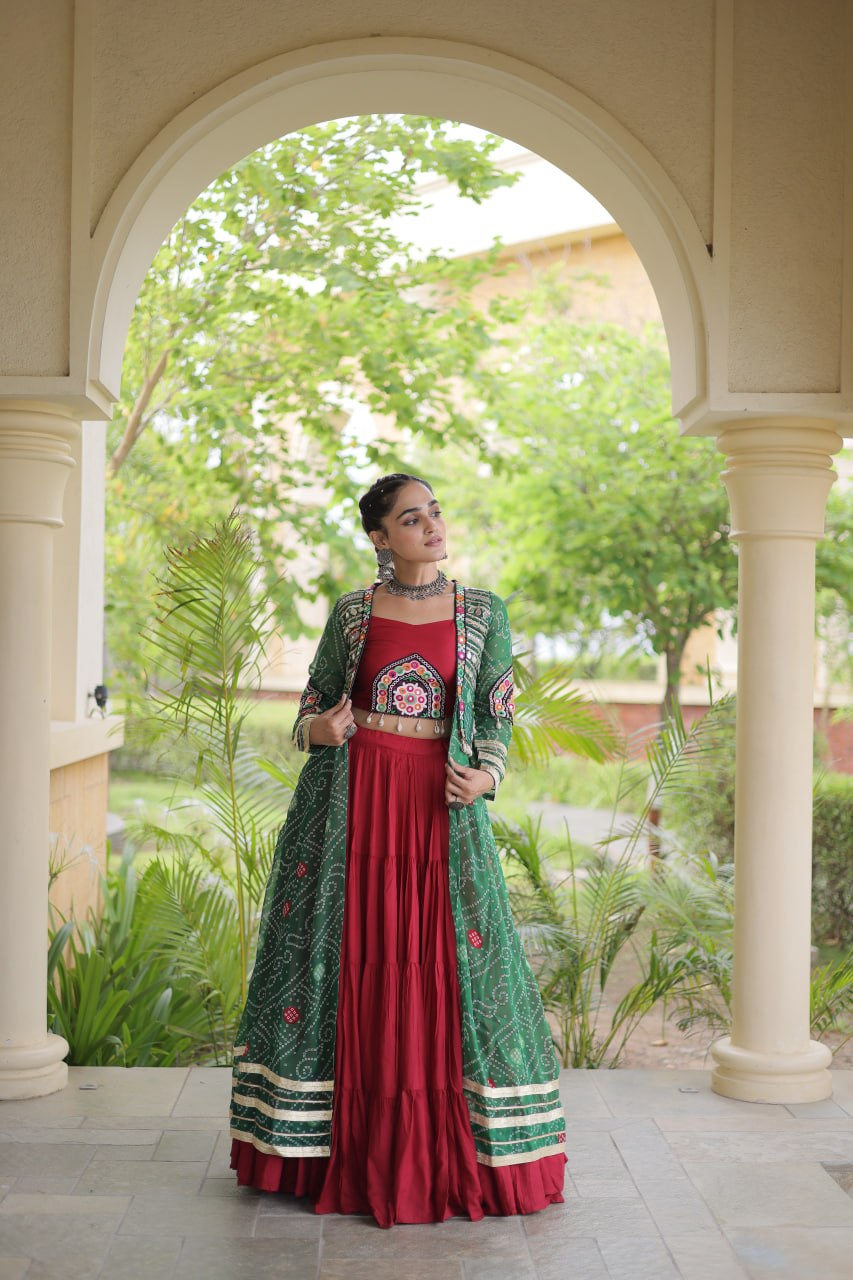 RangBhoomi Navratri 2026 Rayon Lehenga Set with Bandhani Shrug — Full-Stitched Festive Ensemble