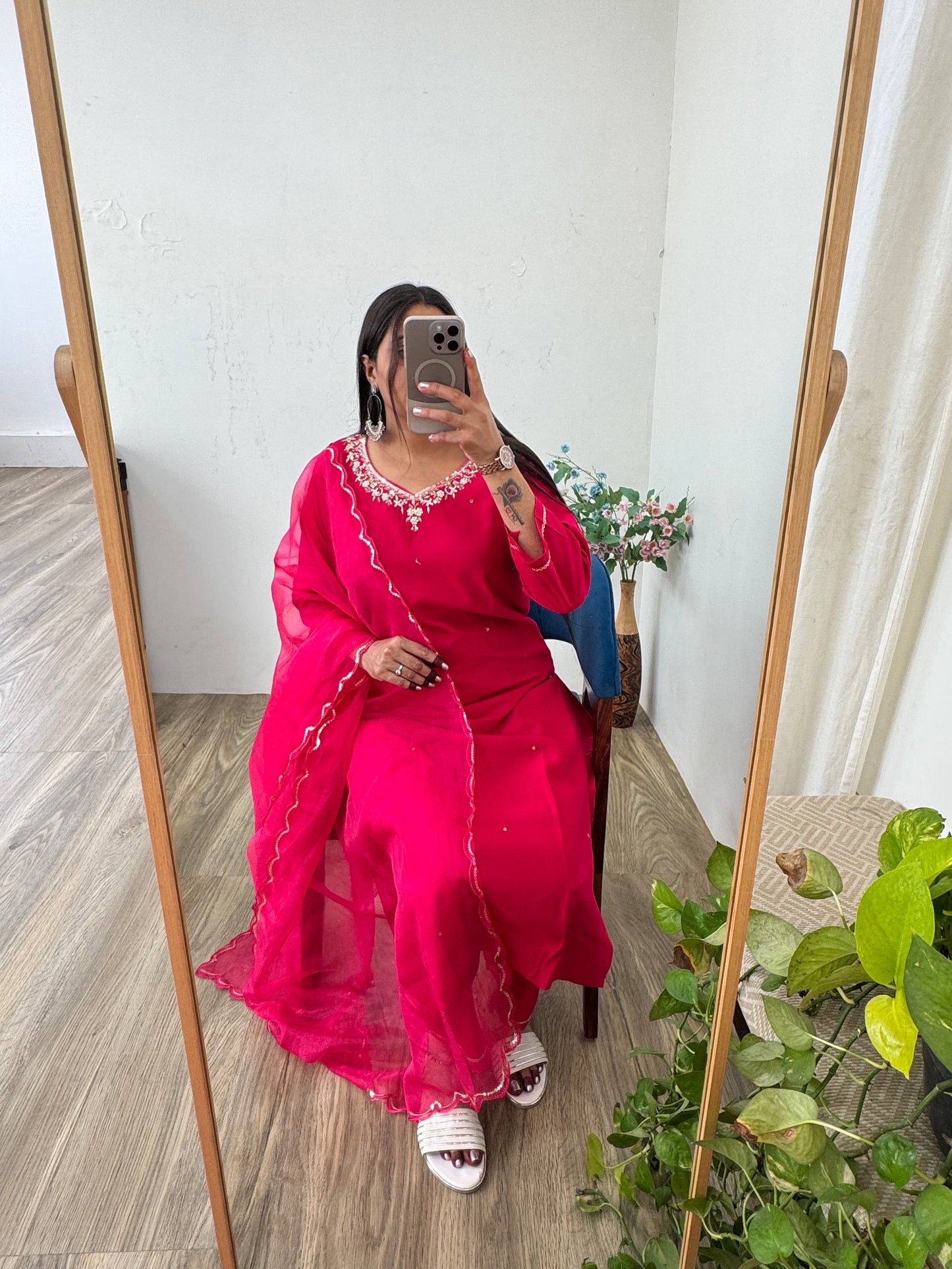 Introducing RangBhoomi Designer Three-Piece Set: Premium Cotton Kurti, Pant, and Organza Silk Dupatta