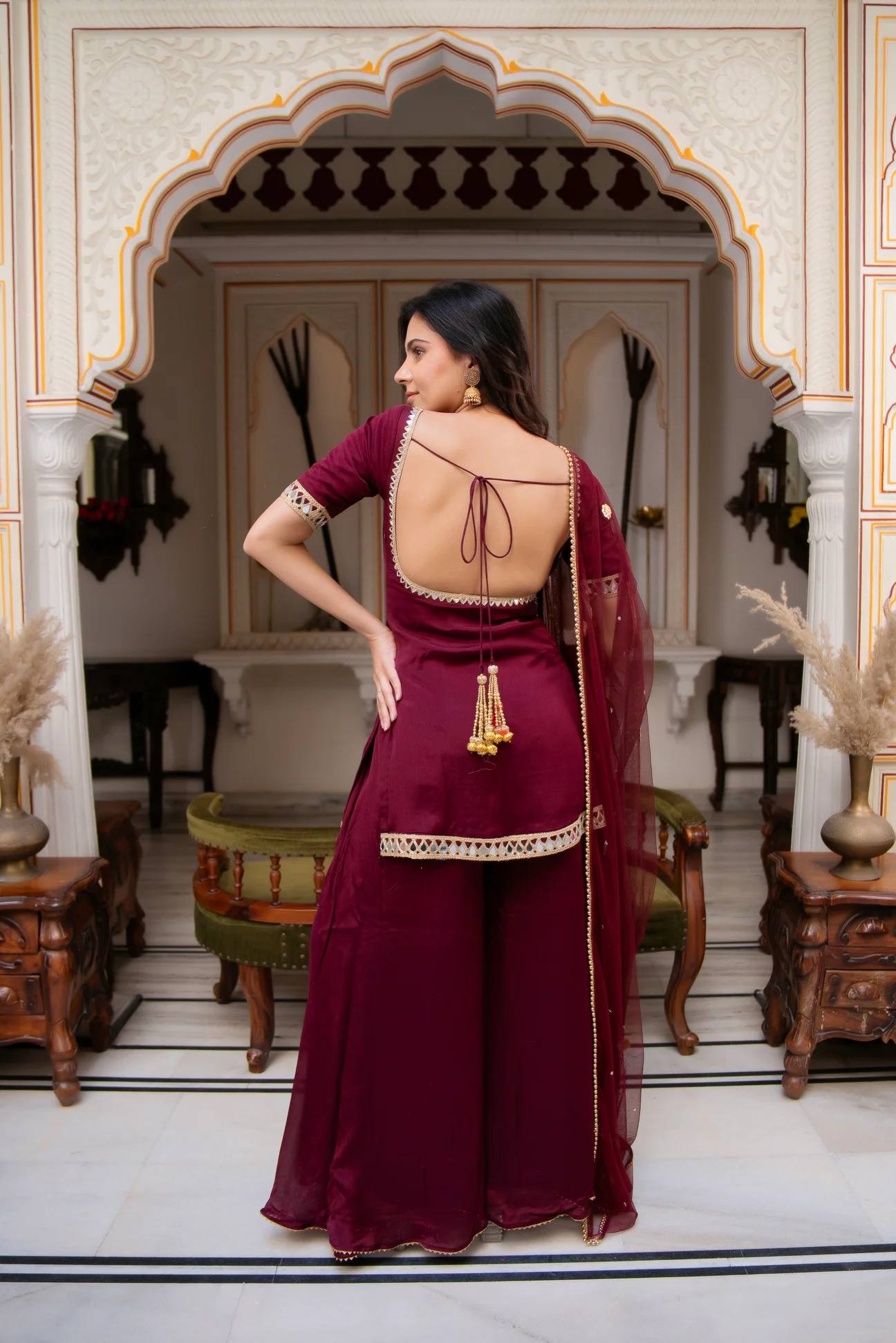 RangBhoomi Heavy Embroidered 3-Piece Suit Set with Real Mirror Work and Elegant Lace Border
