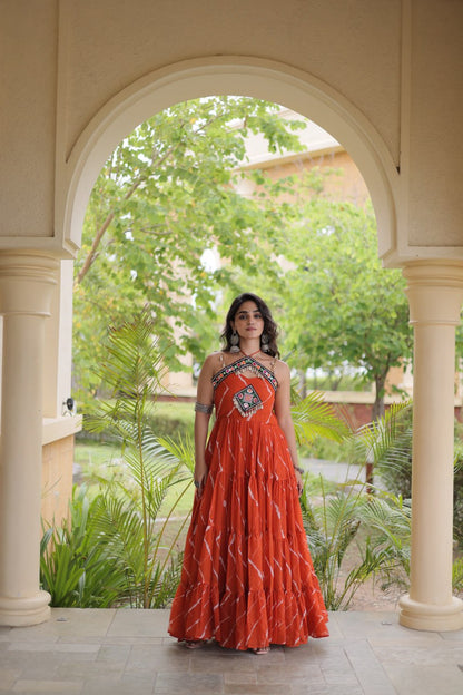 RangBhoomi Navratri Laheriya Patchwork Faux Georgette Gown - Sleeveless 56" Length, L (Adjustable 38-44)