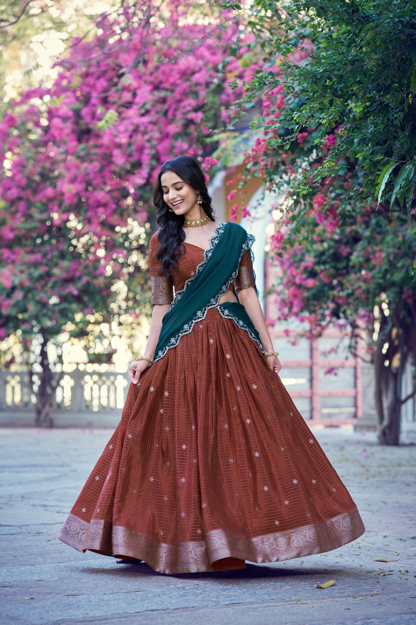 RangBhoomi Chinon Checks Langa Davani Lehenga Set