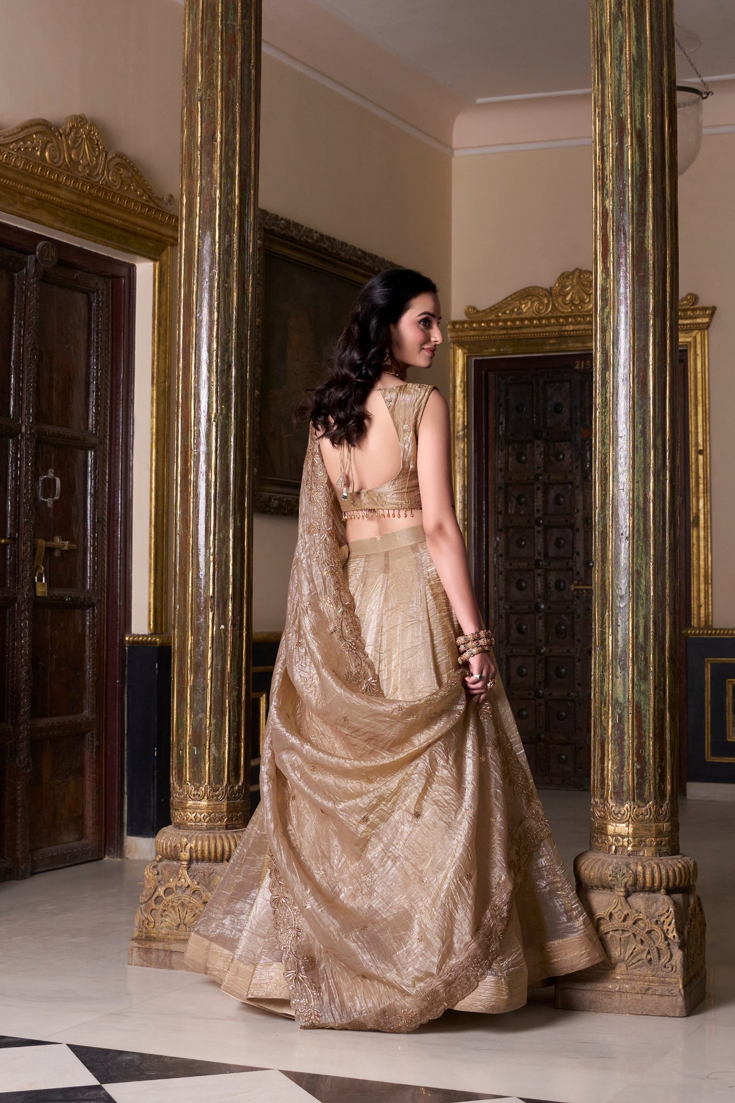 Elegant Gold Crush Lehenga Ensemble with Embroidered Sequins Blouse and Matching Dupatta