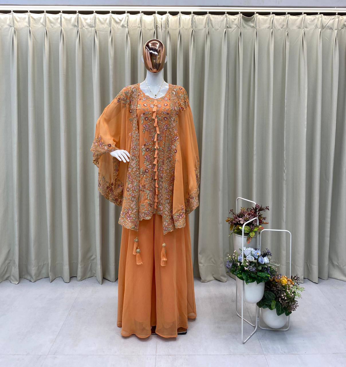 Elegant Designer Kurta and Palazzo Set with Sequined Embroidered Shrug in Luxurious Faux Georgette Fabric