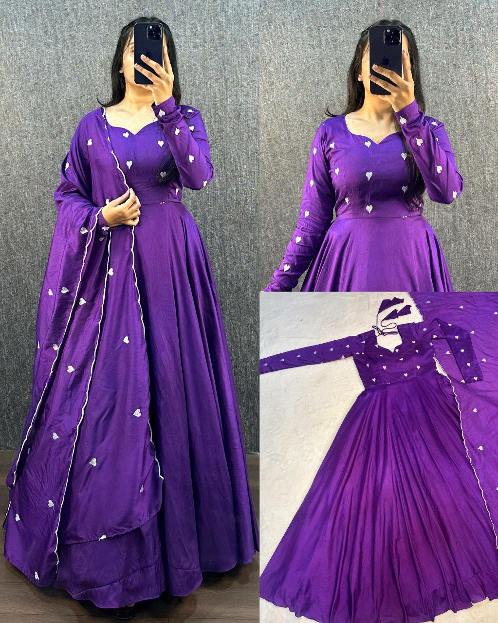 Purple Ajrak Heart Gown collage, multiple views and set details.