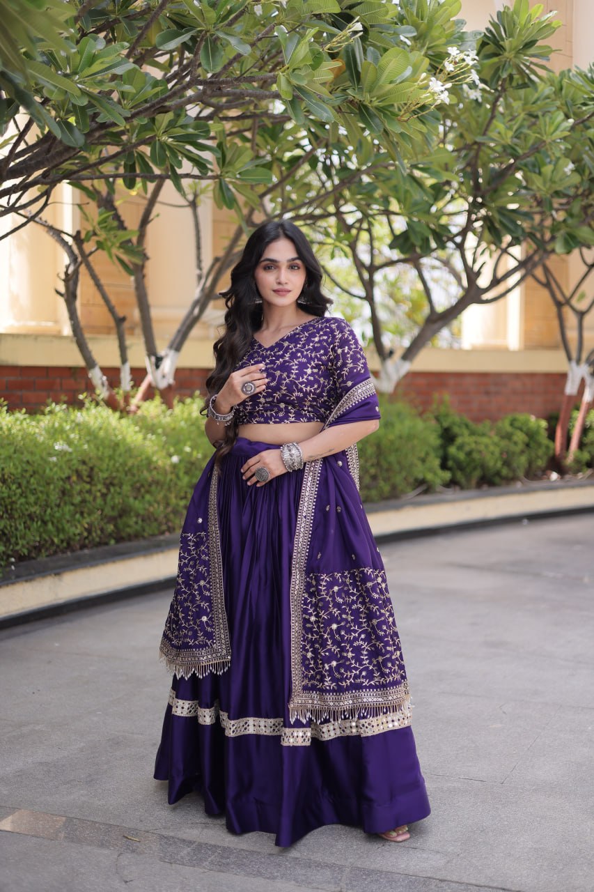 RangBhoomi Glory Satin Embroidered Lehenga Choli Set - Full-Stitched Lehenga with Designer Dupatta