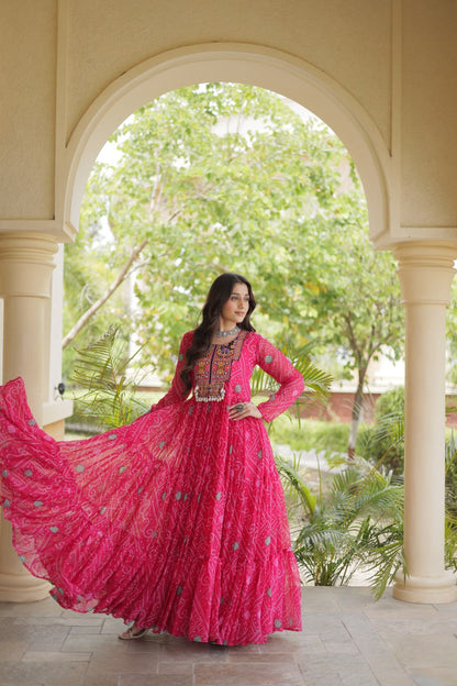 RangBhoomi Bandhani & Kutchi Patchwork Faux Georgette Gown — Festive Navratri Edition