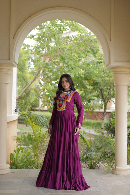RangBhoomi Navratri Gown Collection 2026 — Wine, Rama & White Embroidered Mirror Work Gown