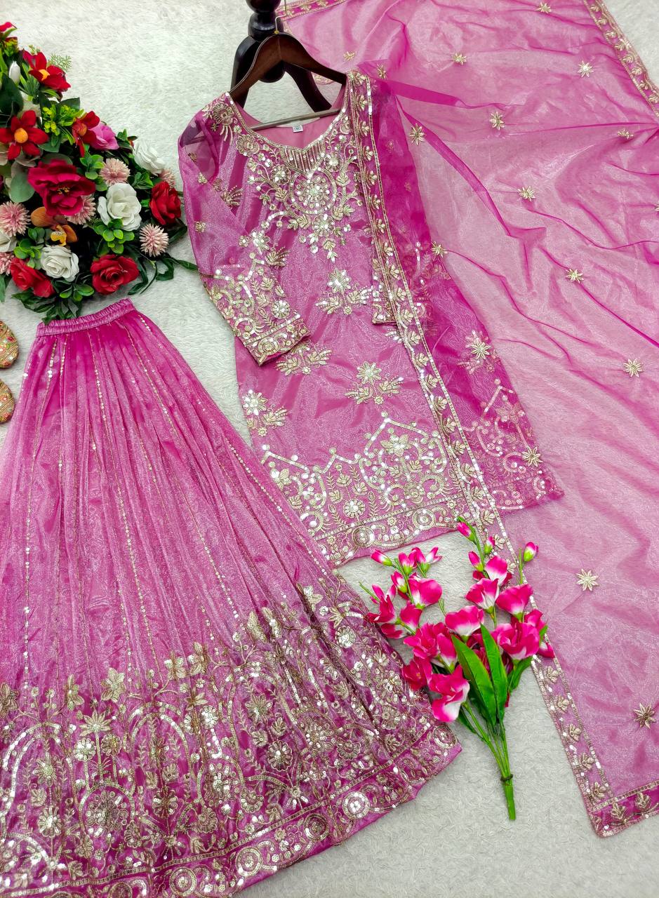 RangBhoomi Orgenza Twine Net Top, Sharara & Dupatta Set — Embroidered Ready-to-Wear