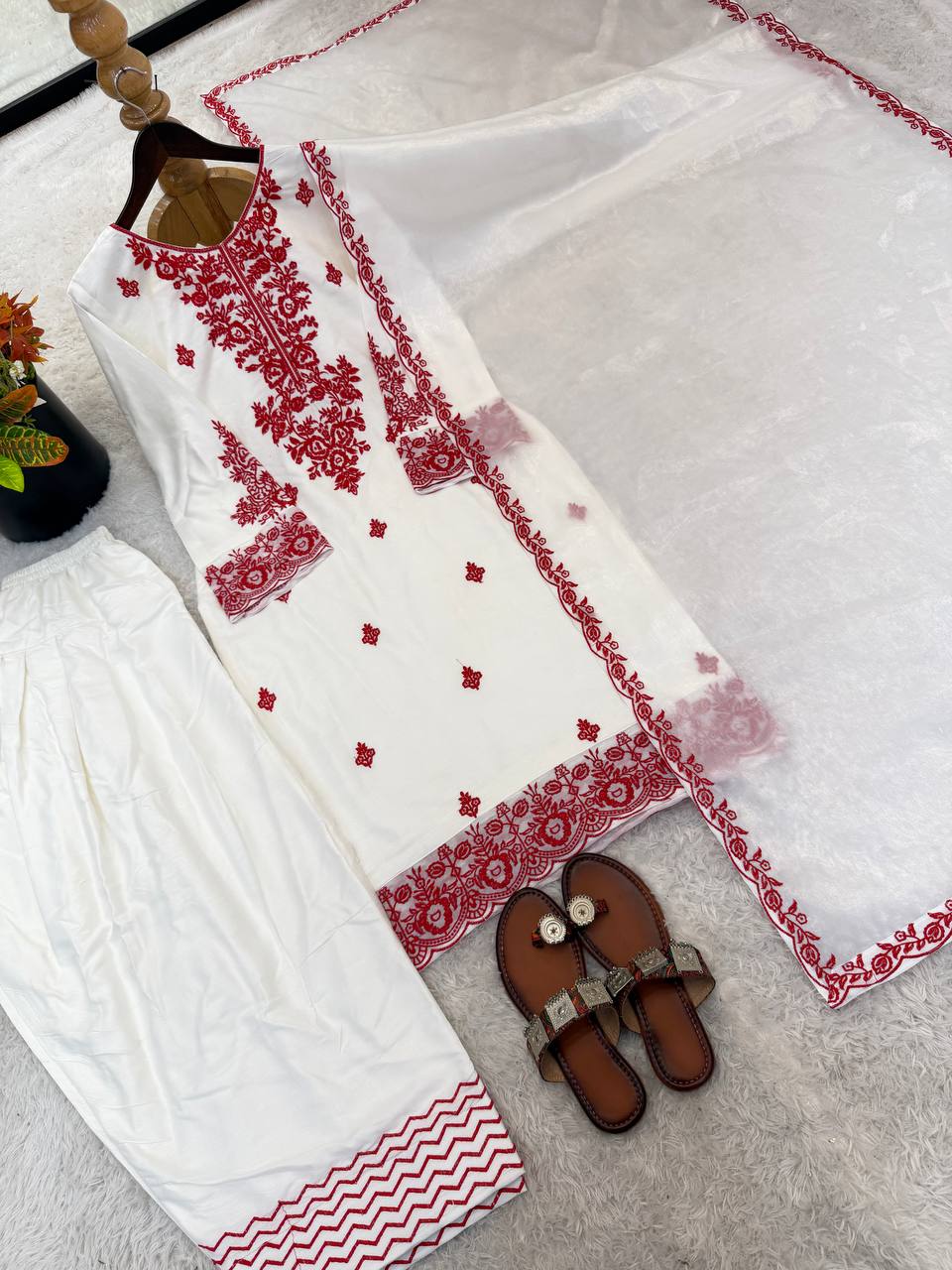 Elegant Women's Ethnic Ensemble with Embroidered Rayon Cotton Top, Farshi Pants, and GMY Silk Dupatta