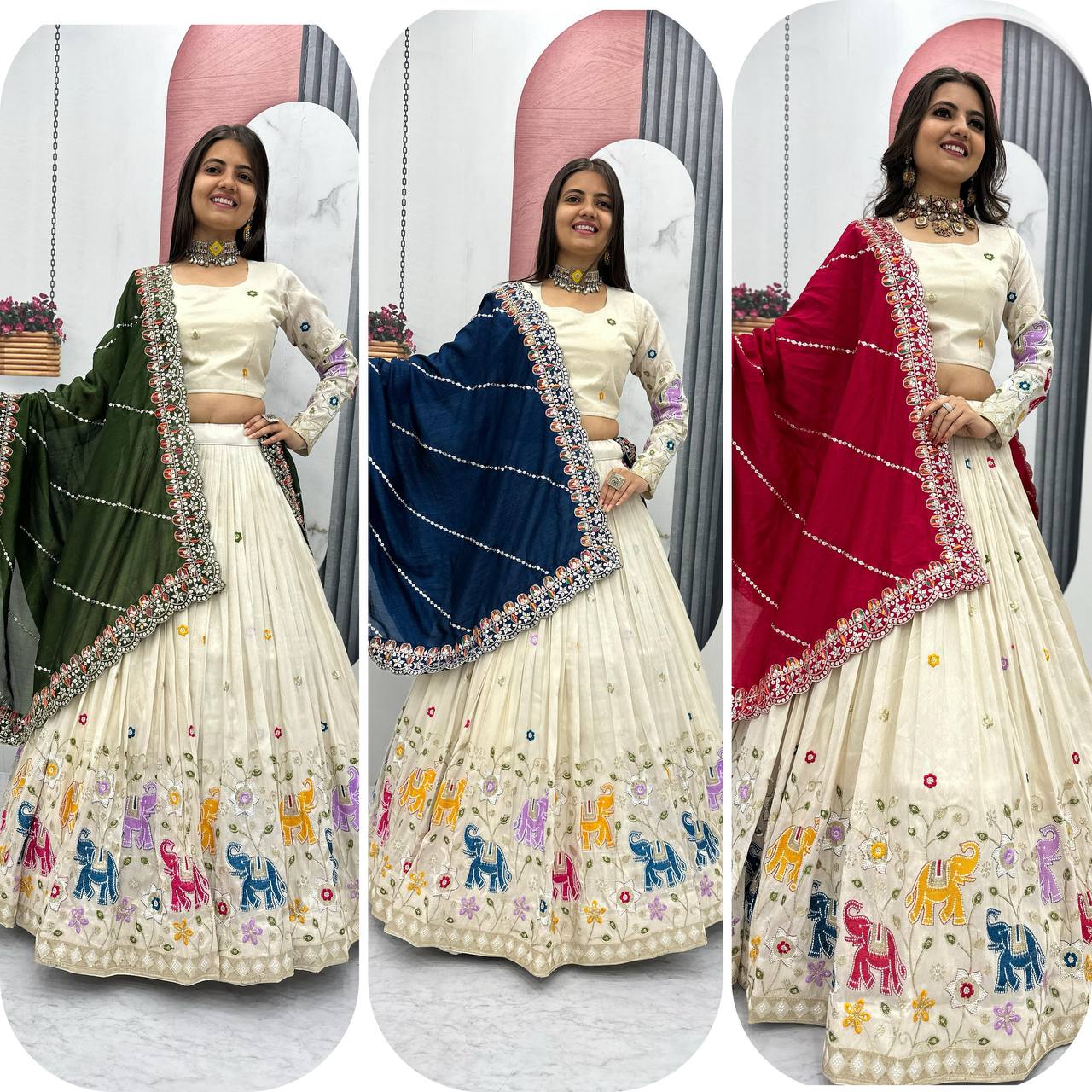 Collage of the off-white lehenga choli with olive, navy, and red dupattas.