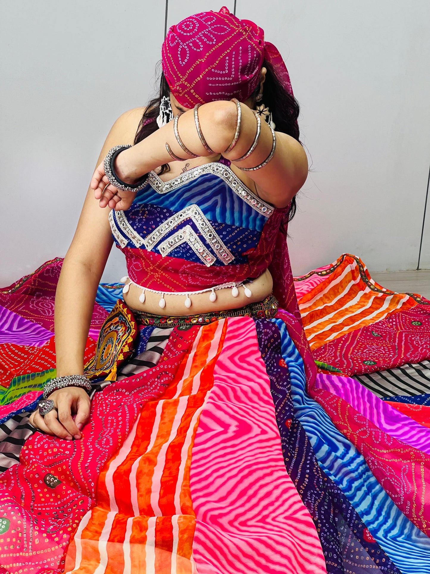 RangBhoomi Multicolor Bandhani-Inspired Chaniya Choli Set — Navratri Ready (Lehenga, Blouse, Scarf & Batwa)