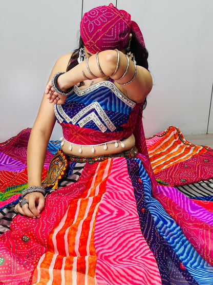 RangBhoomi Multicolor Bandhani-Inspired Chaniya Choli Set — Navratri Ready (Lehenga, Blouse, Scarf & Batwa)