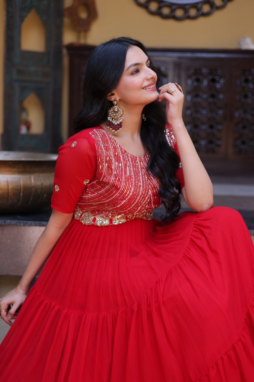RangBhoomi Premium Designer Ready-to-Wear Gown Collection in Red and Pink
