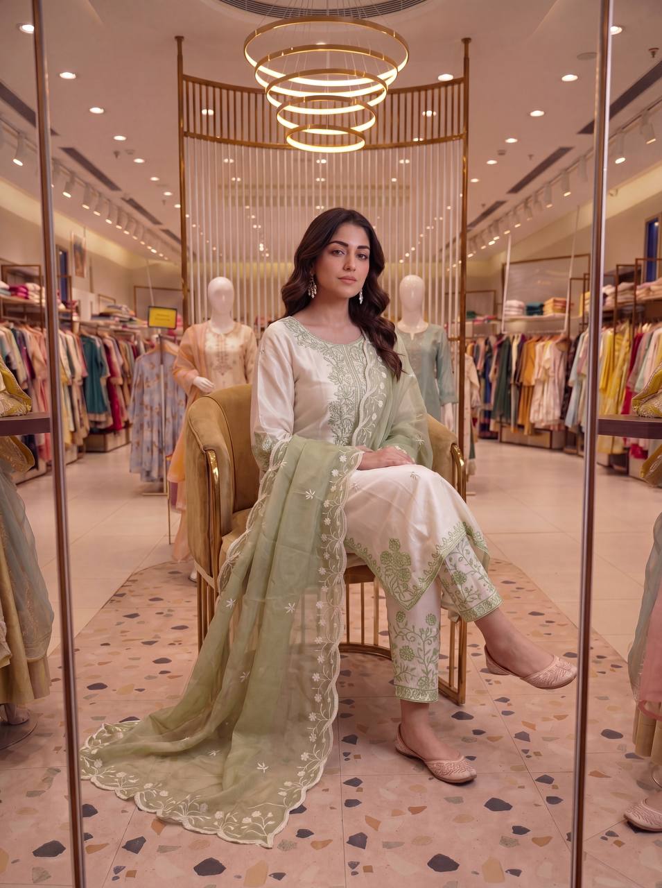 Elegant Party Wear Set Featuring Premium Roman Glass Embroidered Top with Fancy Bell Sleeves and Stylish Palazzo Pants with Dupatta