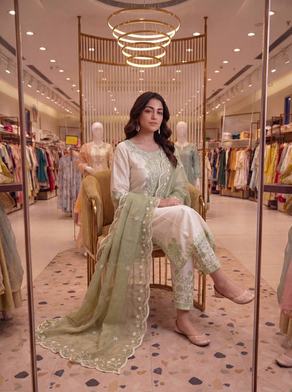 Elegant Party Wear Set Featuring Premium Roman Glass Embroidered Top with Fancy Bell Sleeves and Stylish Palazzo Pants with Dupatta
