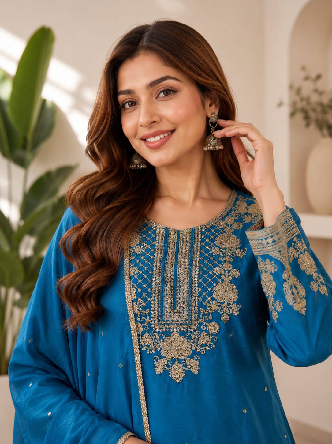 RangBhoomi Designer Festival Ensemble - Embroidered Chinon Top with Rangoli Crush Palazzo & Dupatta