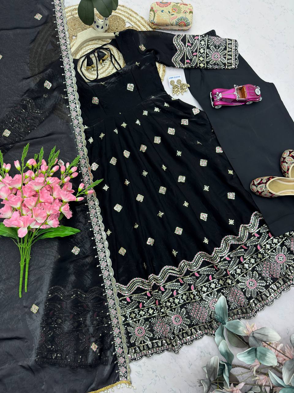 RangBhoomi Designer Party Wear Two-Tone Fandy Silk Embroidered Gown with Dupatta & Plazo