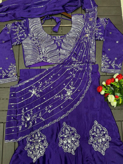 Elegant Embroidered Sequined Chinon Lehenga Choli Set with Full Stitching and 4-Meter Flair