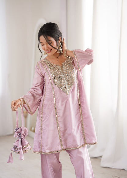 Ready-to-Wear Kurti and Pant Set with Decorative Drawstring Bag - Mirror Embroidered Collection 2026