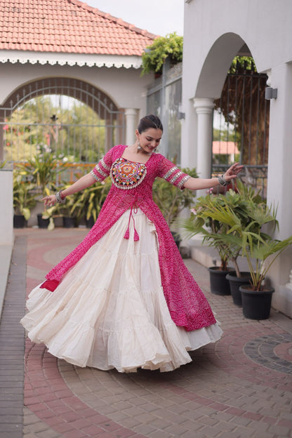 RangBhoomi Navratri 2026 Bandhani Lehenga Set — Full-Stitched Kora Cotton Lehenga with Faux Georgette Kurti
