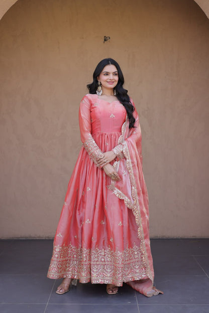 RangBhoomi Fendi Silk Sequined Gown with Dupatta – Elegant Full-Sleeve Designer Set
