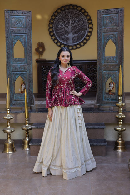 RangBhoomi Elegant Silk Embroidered Crop Top Set with Flared Lehenga and Sequined Detailing