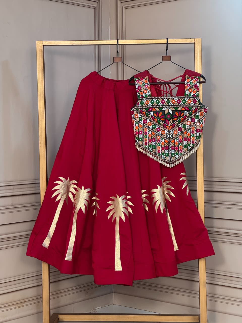 RangBhoomi Navratri Lehenga Choli — Festive Roman Fabric Set for Garba & Dandiya