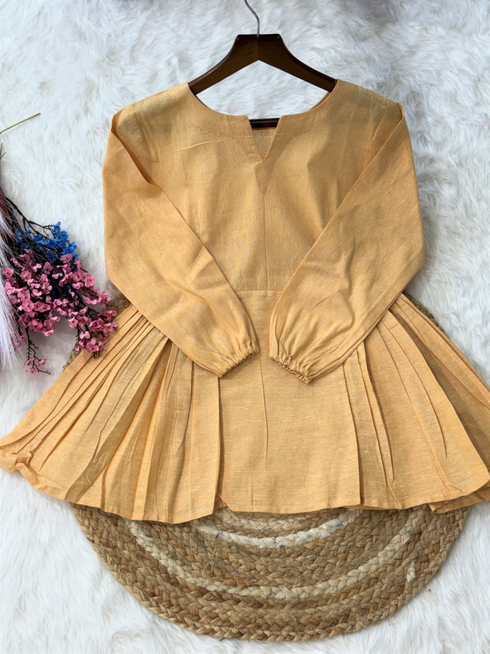RangBhoomi Elegant Linen Cotton Top and Pant Set – Full-Sleeve Frill Stitch Top with Elastic Waist Pants in Parrot, Peach, and Yellow