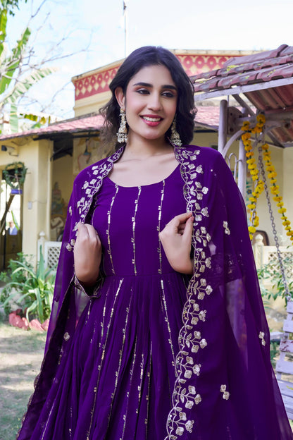 RangBhoomi New Festival Collection Long Gown with Dupatta – Elegant Fox Georgette Fabric with Heavy Sequence Embroidery