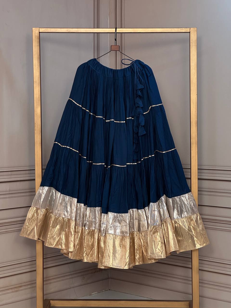 RangBhoomi Navratri 2026 Full-Stitched Rayon & Lampi Lace Lehenga — 12m Flair, Cotton Inner