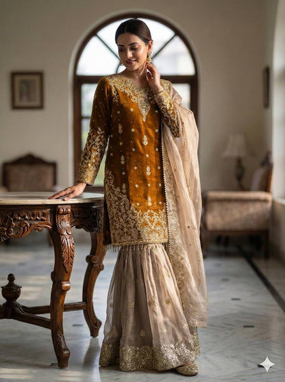 RangBhoomi Exclusive Designer Partywear Set – Pure Heavy GMY Silk with Elaborate Embroidery and Sequins