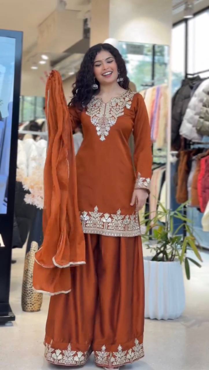 Elegant and Comfortable Wedding Season Suit Set with Sequined Embroidered Top, Palazzo Pants, and Lace-Trimmed Dupatta by RangBhoomi
