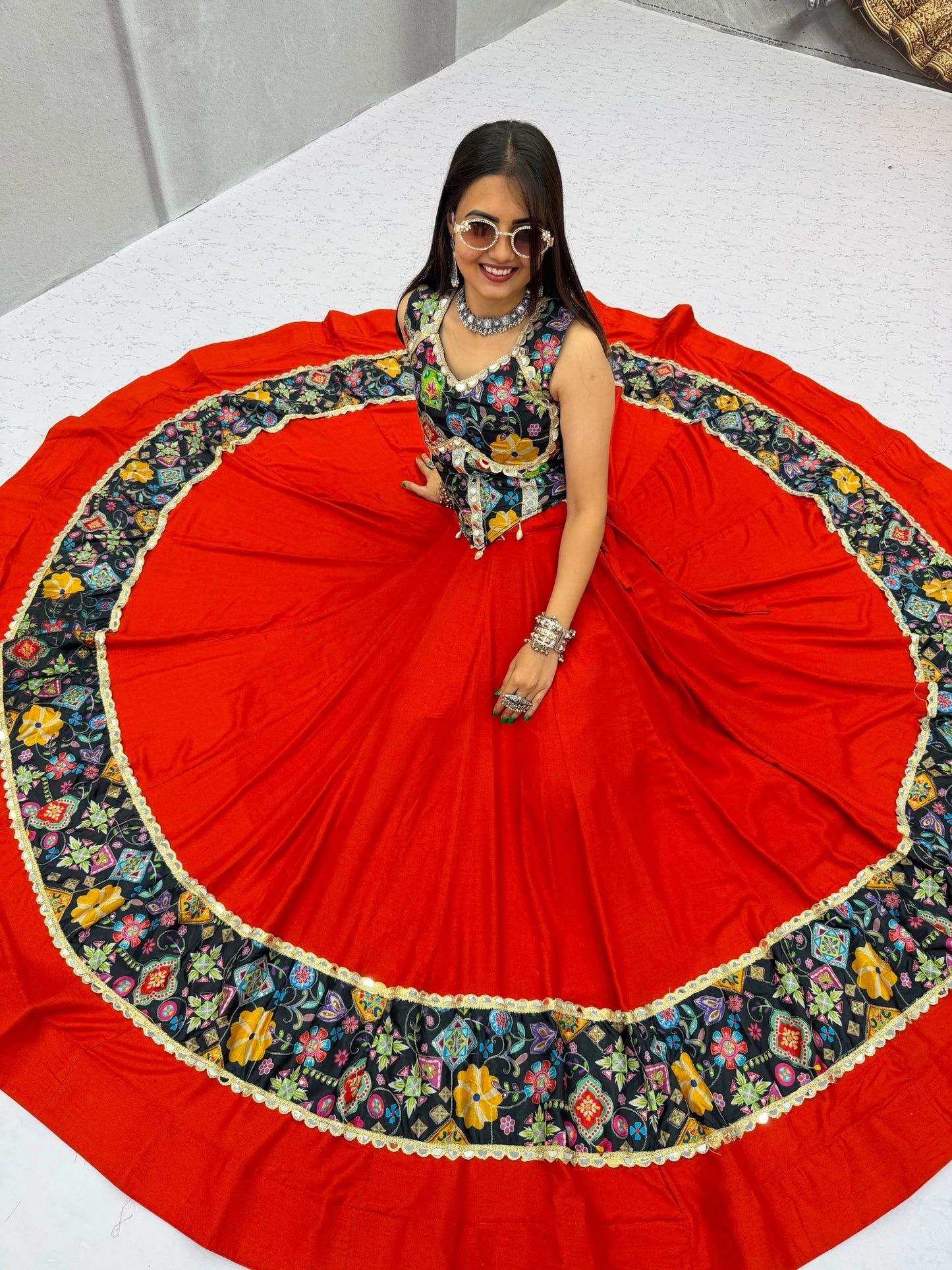 RangBhoomi Tapi-338 Big Flair 6 Meter Pure Cotton Lehenga Choli — Silk Choli, Fox Georgette Dupatta