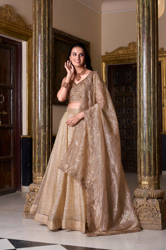 Elegant Gold Crush Lehenga Ensemble with Embroidered Sequins Blouse and Matching Dupatta